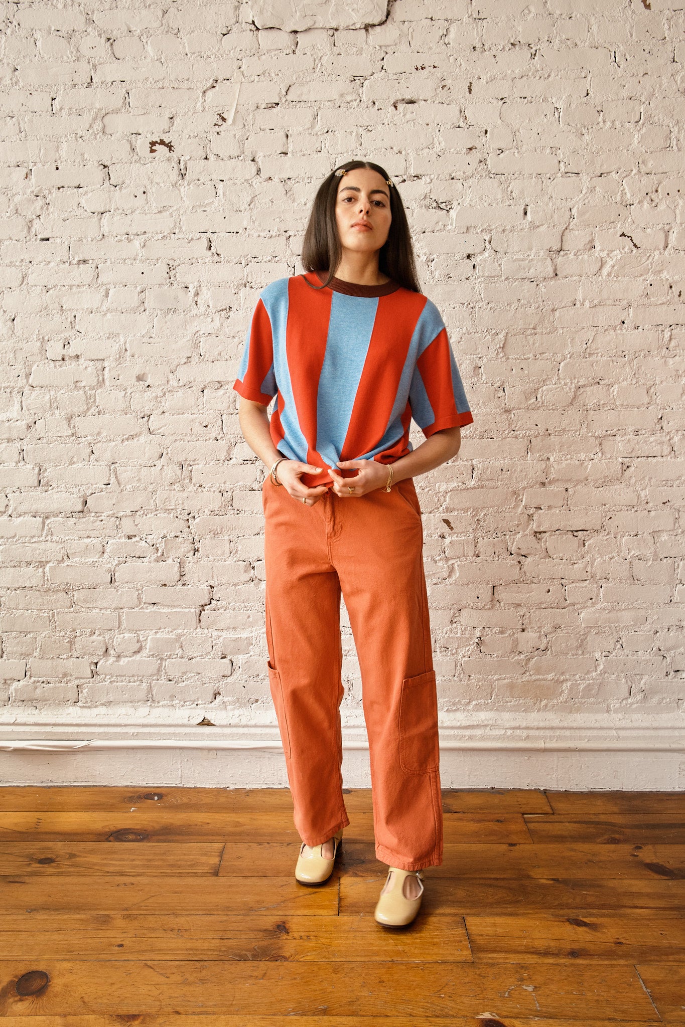 Sawyer Vertical Stripe Sweater Tee - Cherry/Powder