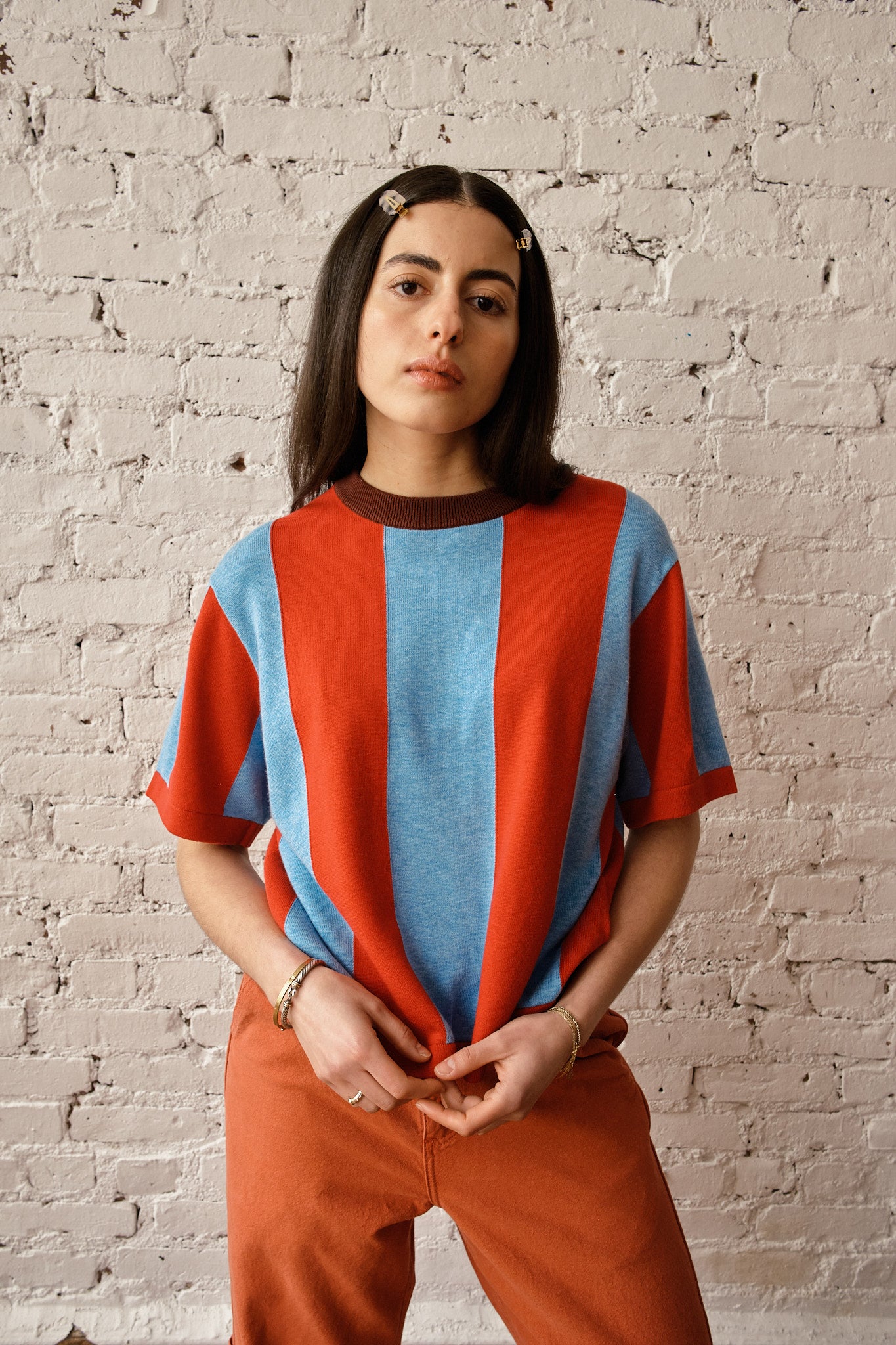 Sawyer Vertical Stripe Sweater Tee - Cherry/Powder