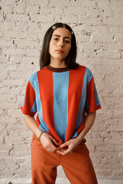 Sawyer Vertical Stripe Sweater Tee - Cherry/Powder