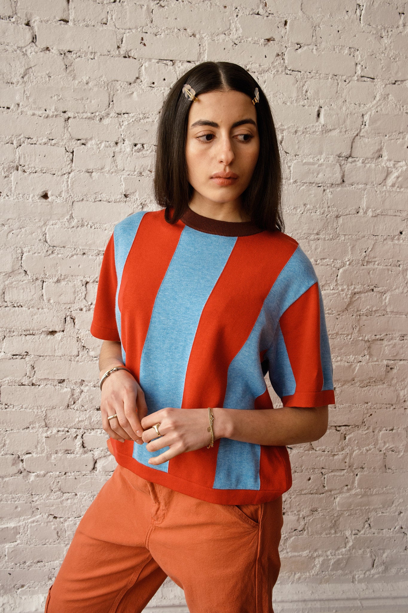 Sawyer Vertical Stripe Sweater Tee - Cherry/Powder