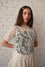 Rafa Top Embroidered Silk Net - Ivory