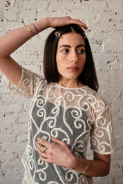 Rafa Top Embroidered Silk Net - Ivory