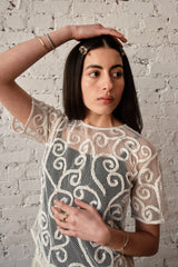 Rafa Top Embroidered Silk Net - Ivory