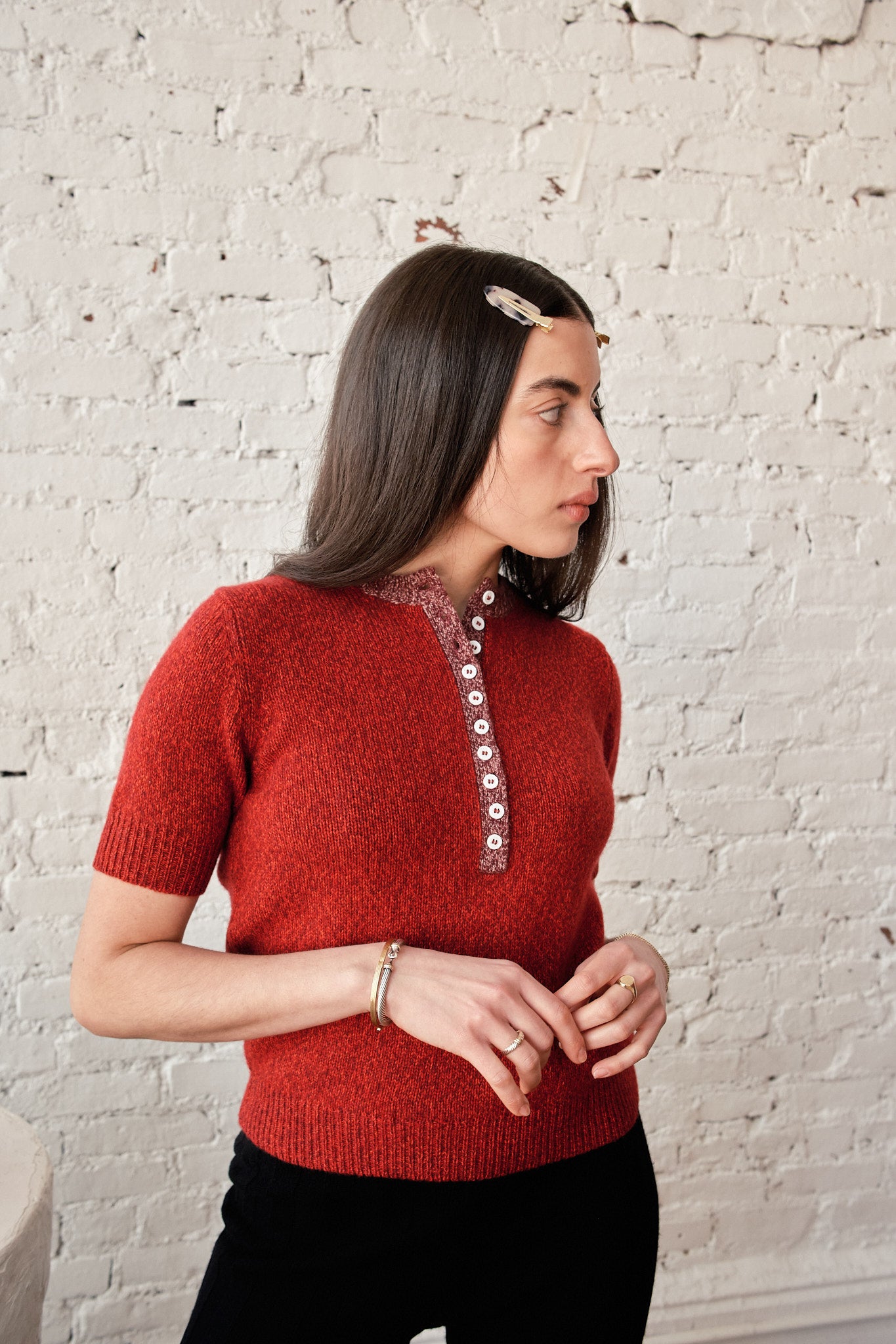Cecilia Marl Cashmere Henley - Lava/Wine