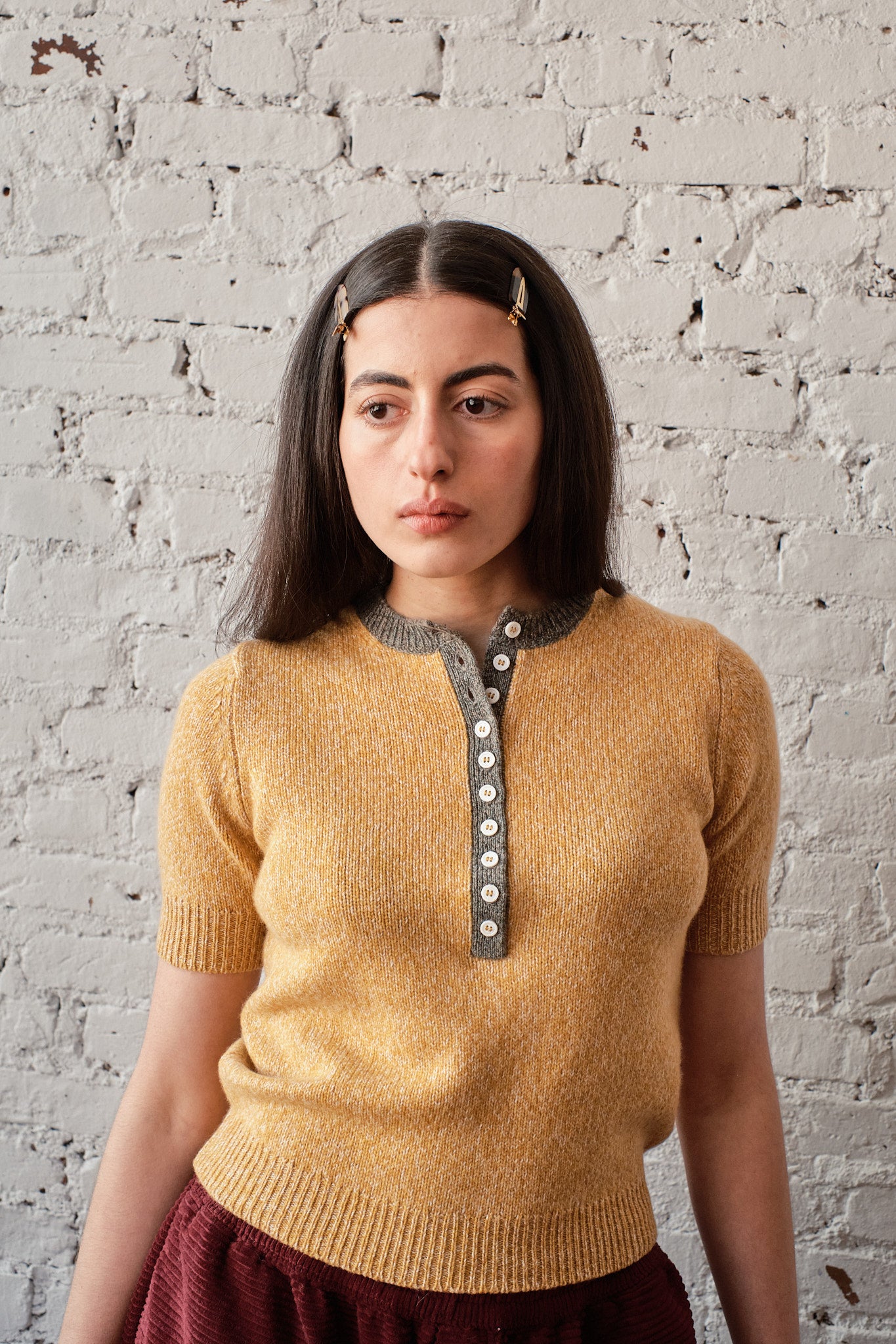 Cecilia Marl Cashmere Henley- Mustard/Dove