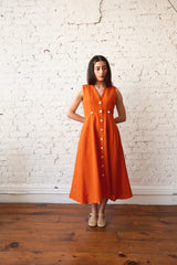 Sleeveless Baroness Cotton/Linen Dress - Persimmon