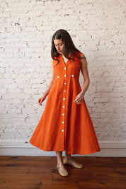 Sleeveless Baroness Cotton/Linen Dress - Persimmon