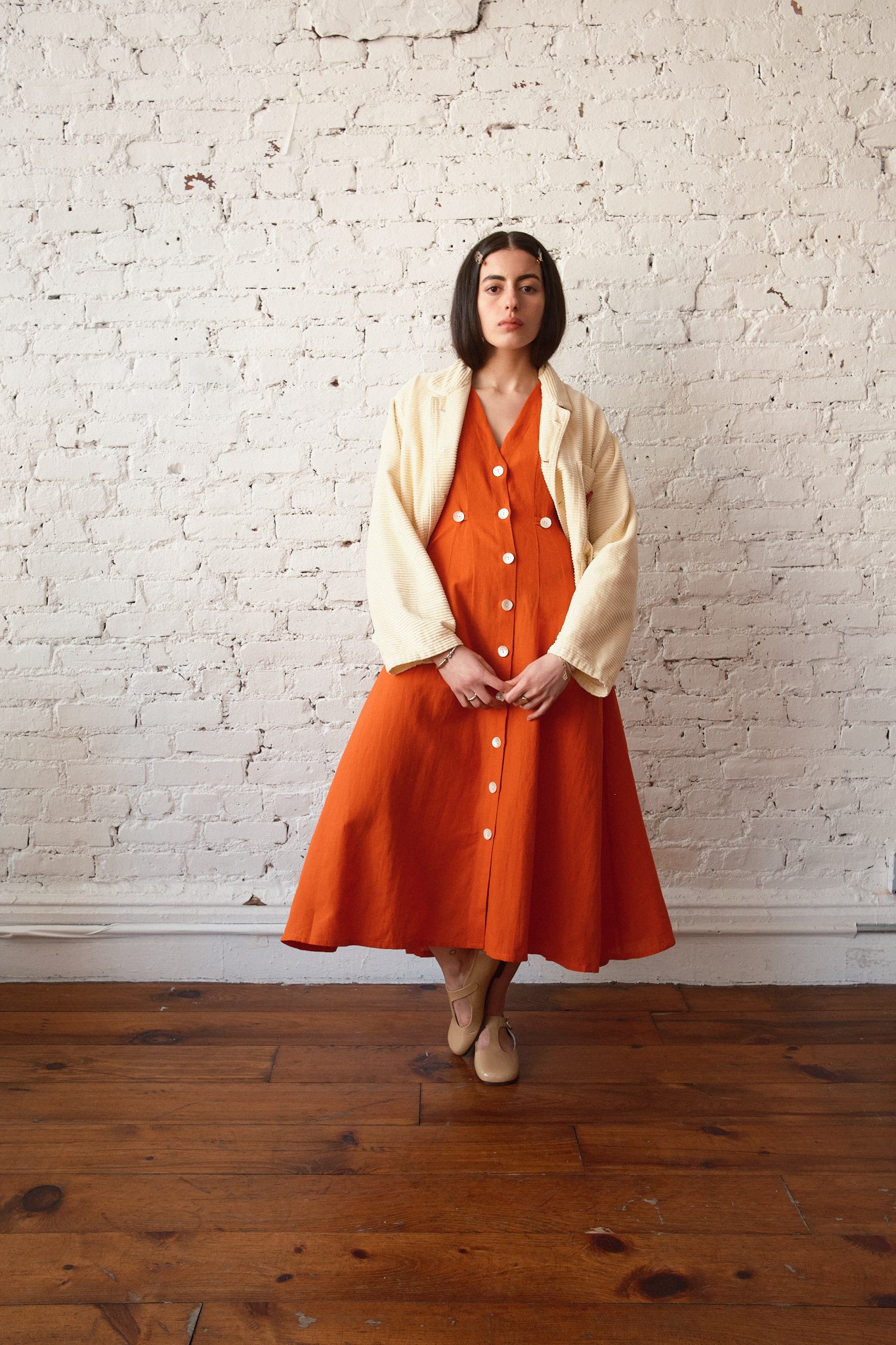 Sleeveless Baroness Cotton/Linen Dress - Persimmon