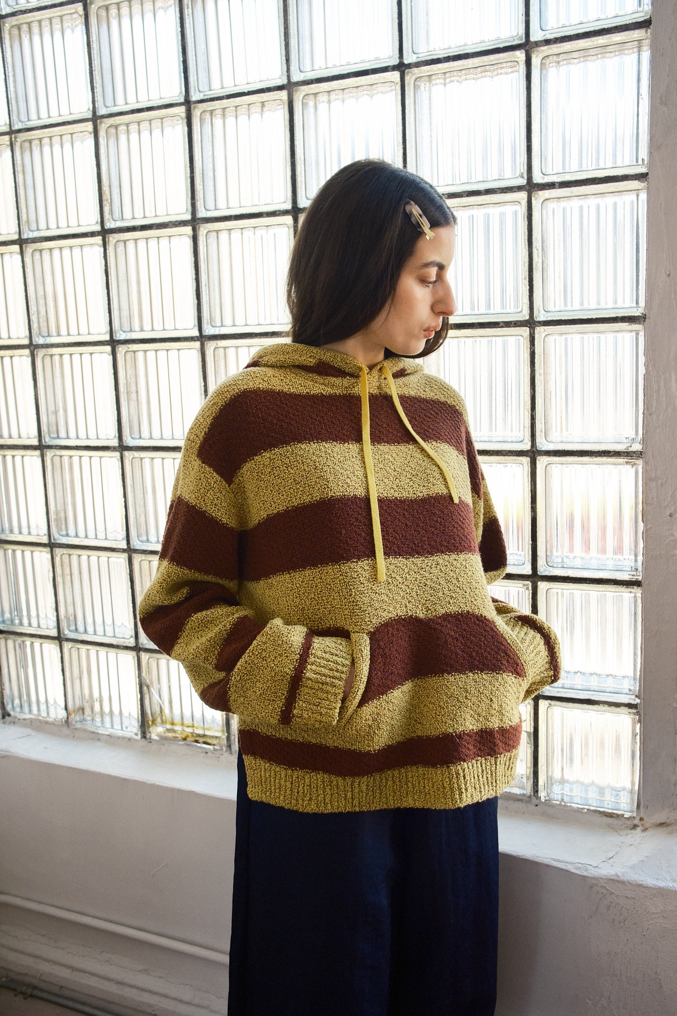 Sal Striped Hoodie Textured Merino - Mustard/Rust