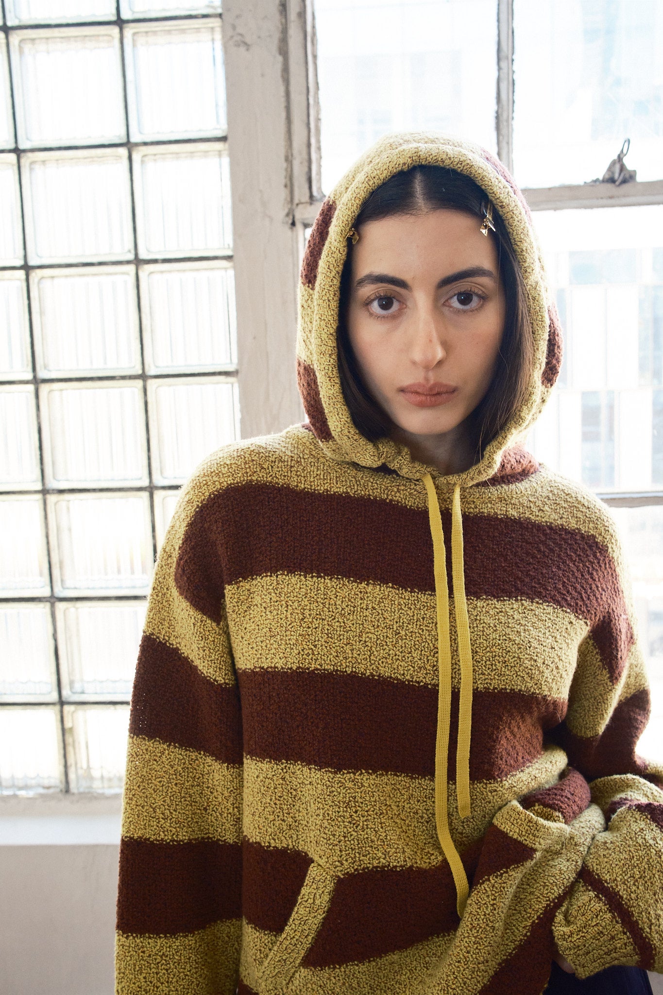 Sal Striped Hoodie Textured Merino - Mustard/Rust