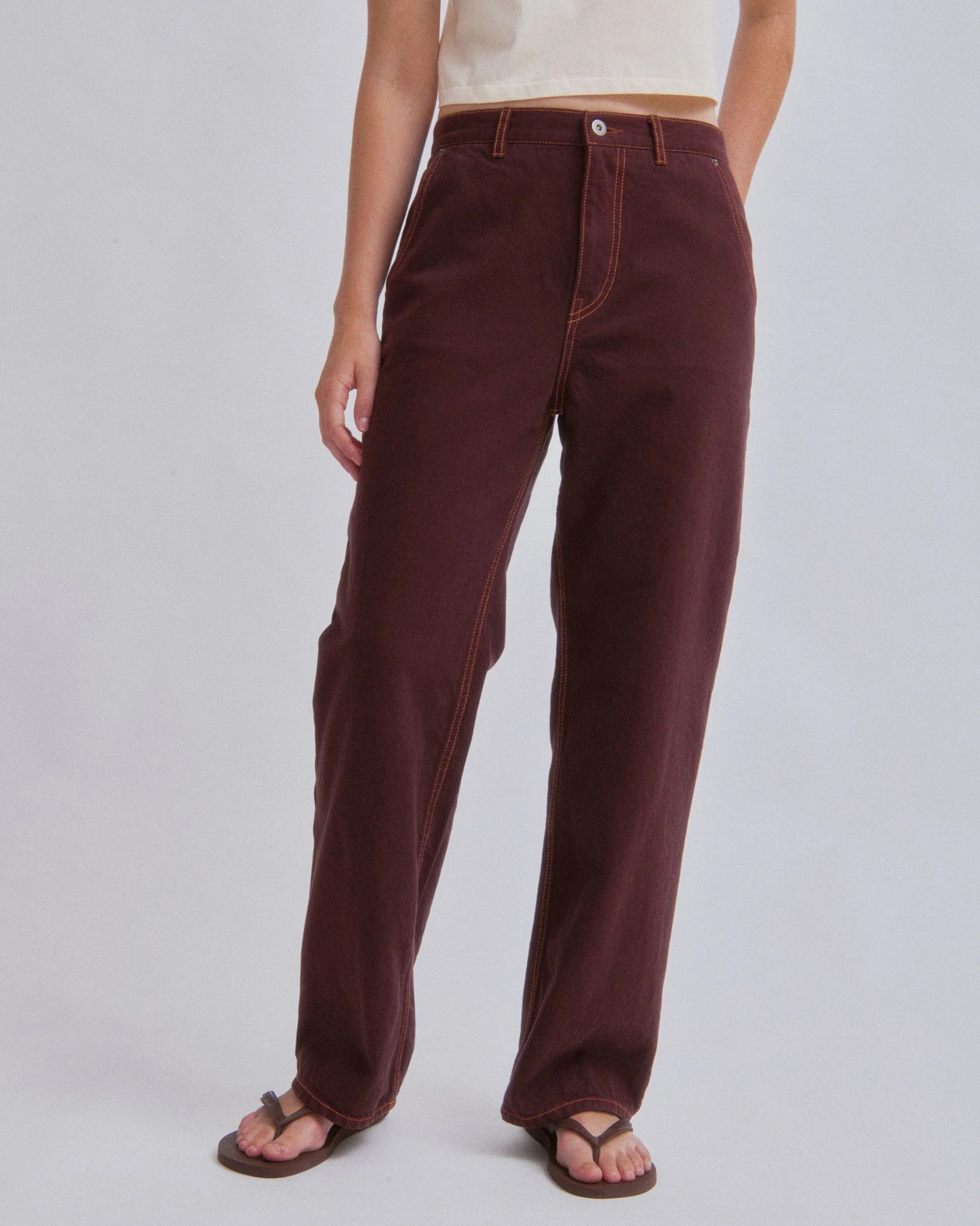 Straight Leg Denim Pants - Sangria