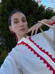 Alpha Buttondown Zig Zag Appliqué - Ivory/Poppy