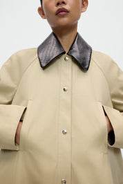 Leather Collar Voluminous Coat