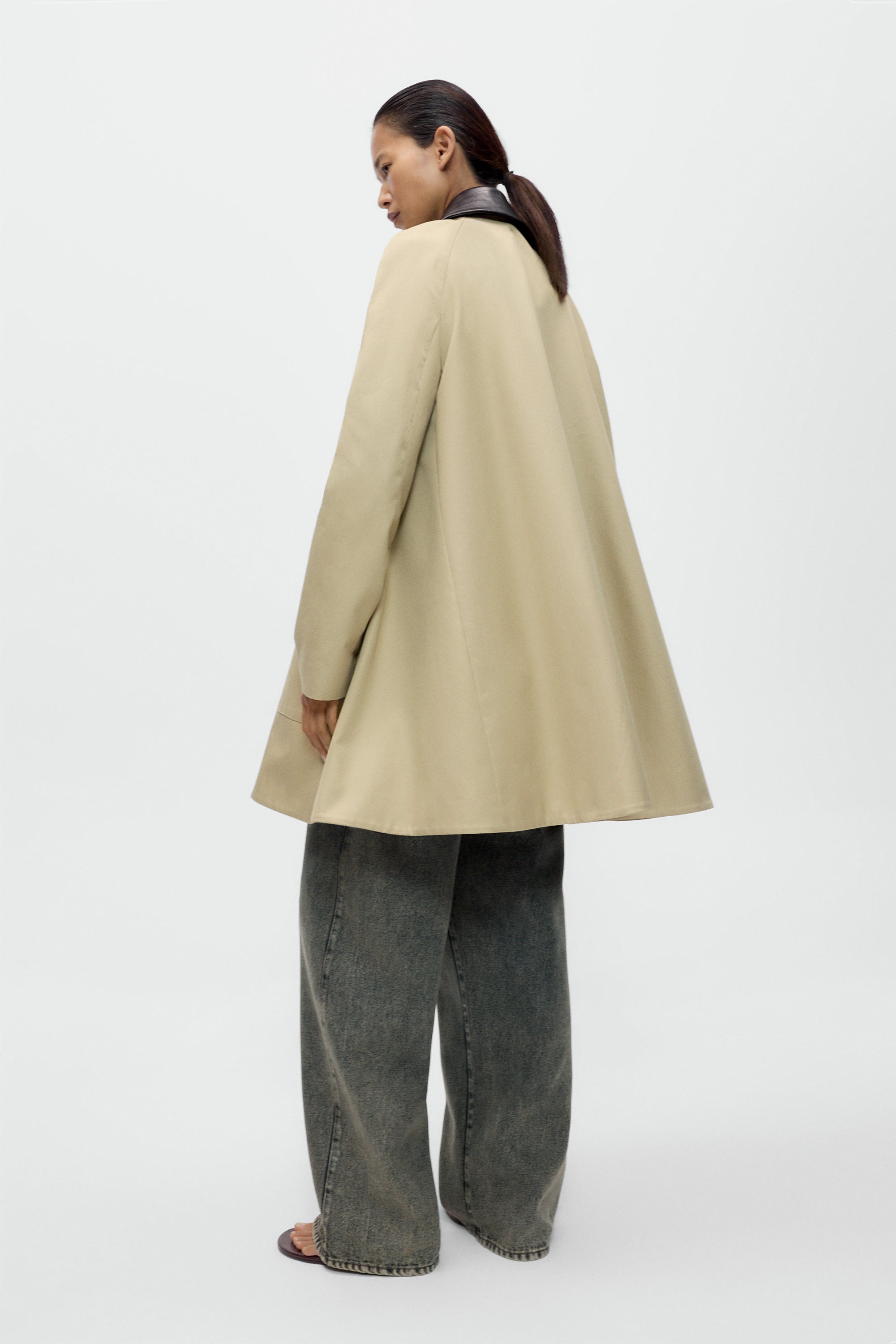 Leather Collar Voluminous Coat