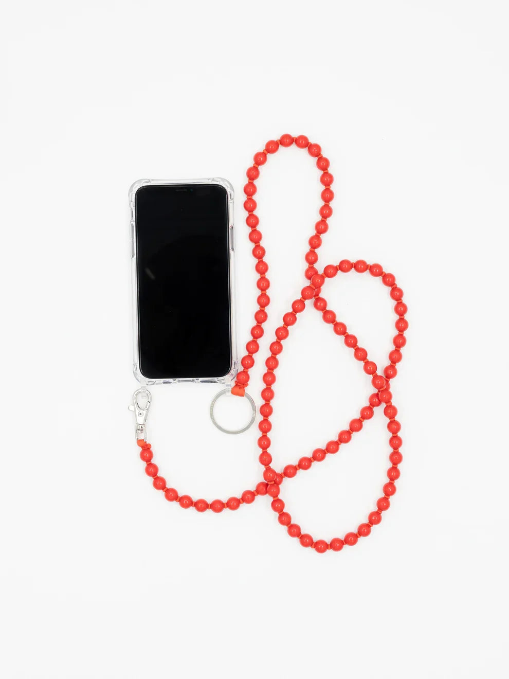 Ina Seifart Handykette phone necklace in Red — 10mm wooden beads on a clear iPhone case