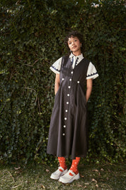 Sleeveless Baroness  Dress - Black Cotton Linen