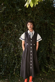 Sleeveless Baroness  Dress - Black Cotton Linen