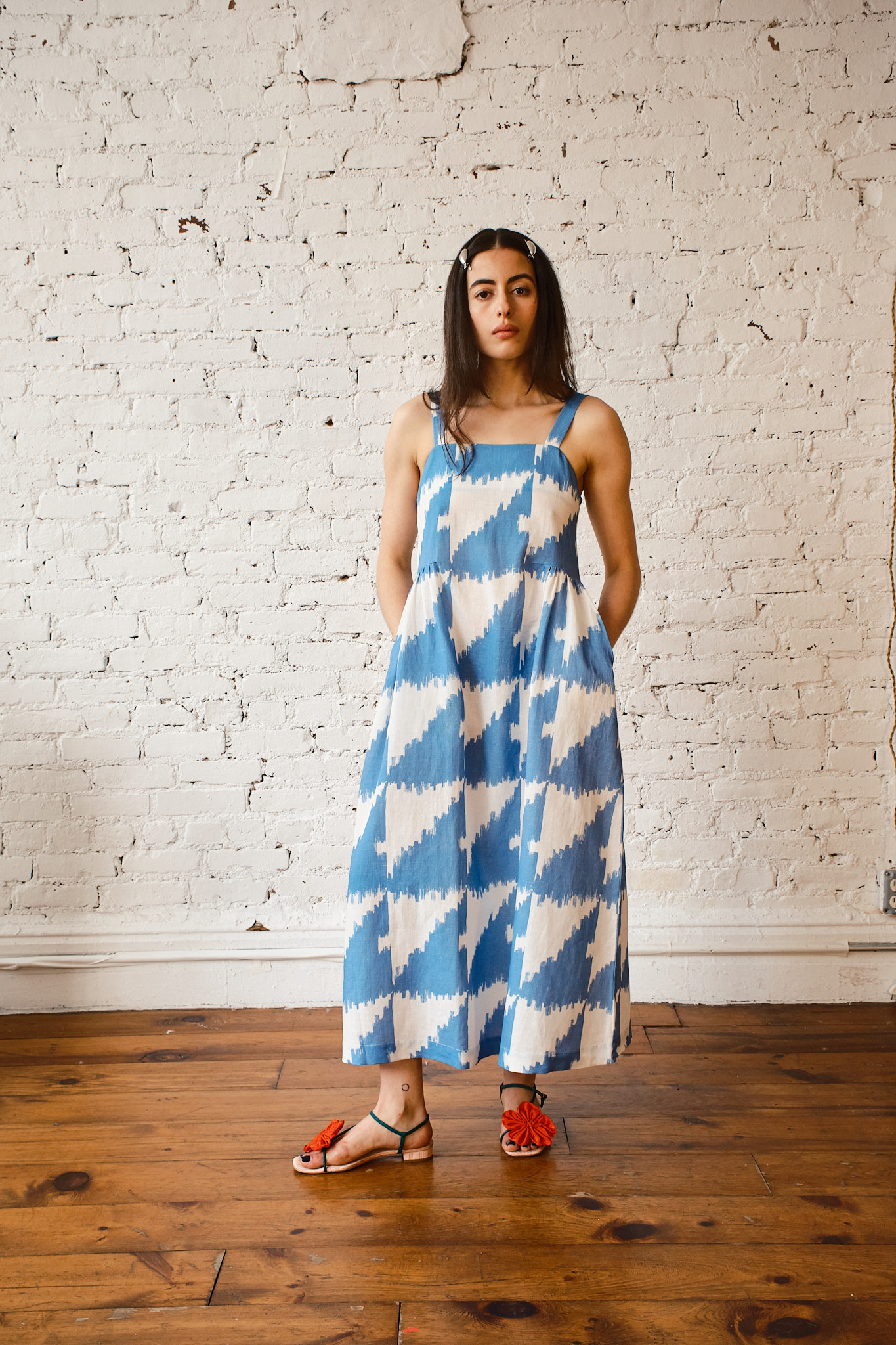 Menina Dress Cotton/Linen - Houndstooth Marine
