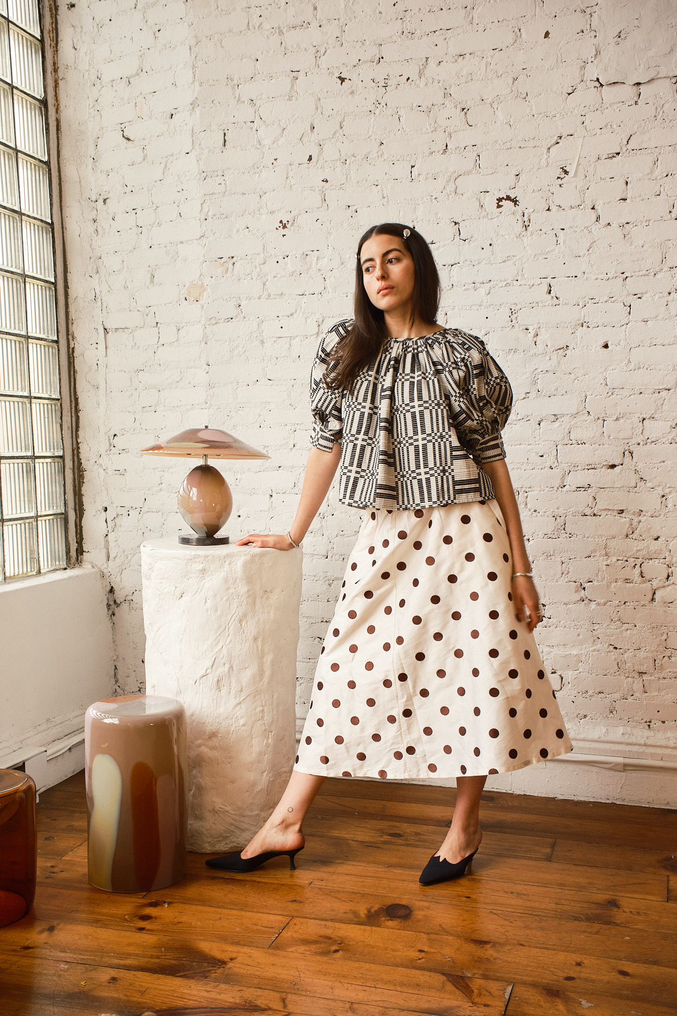 Nikki Chasin x The House That Lars Built Juli Puff Sleeve Top in Licorice Astrid Weave