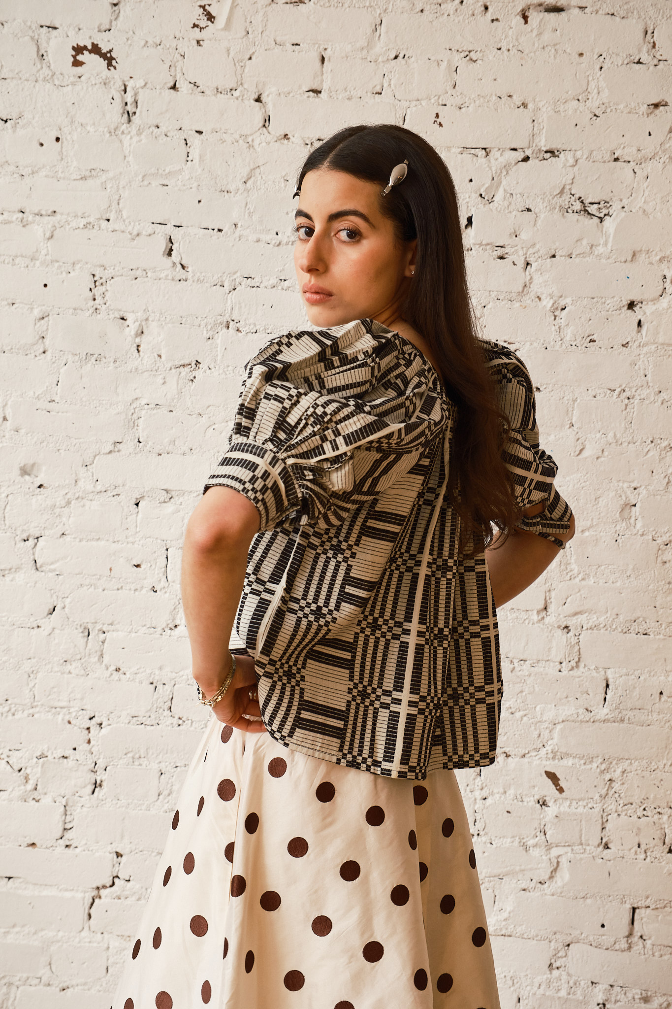 Nikki Chasin x The House That Lars Built Juli Puff Sleeve Top in Licorice Astrid Weave