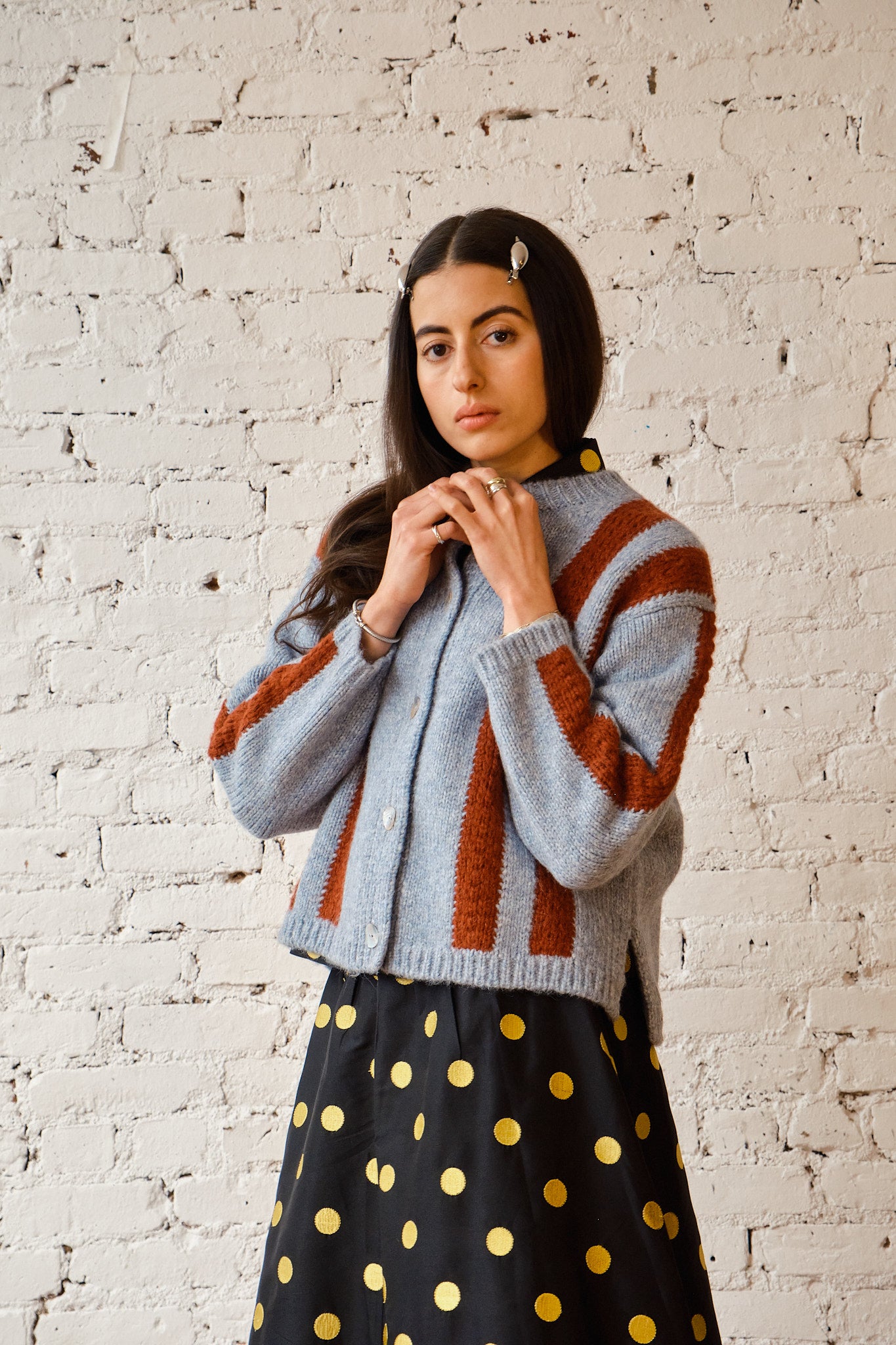 Sheba Striped Cardigan Sweater - Powder/Cinnamon