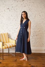 Sleeveless Baroness Cotton/Linen Dress - Midnight