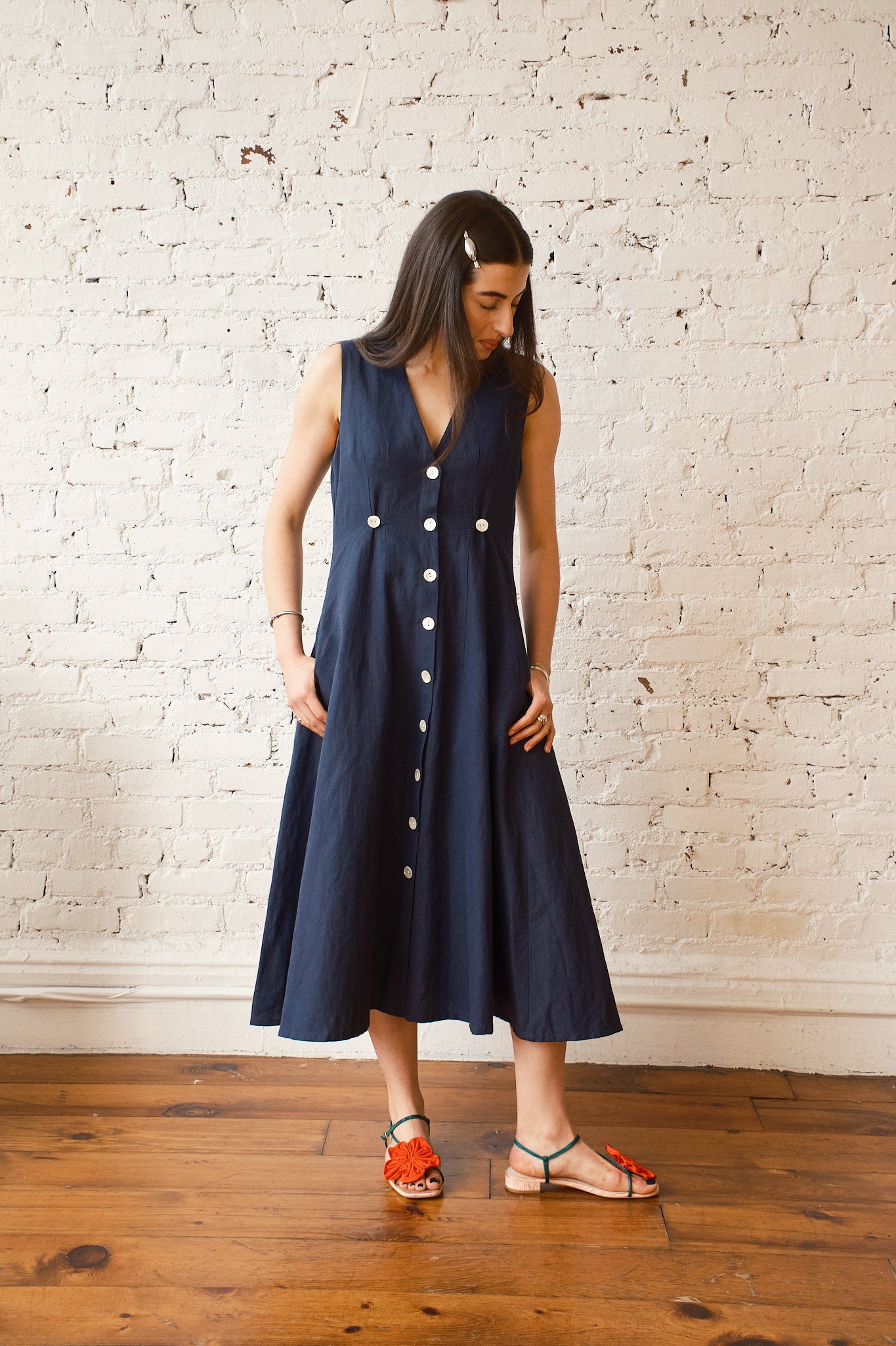 Sleeveless Baroness Cotton/Linen Dress - Midnight