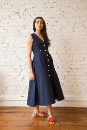 Sleeveless Baroness Cotton/Linen Dress - Midnight