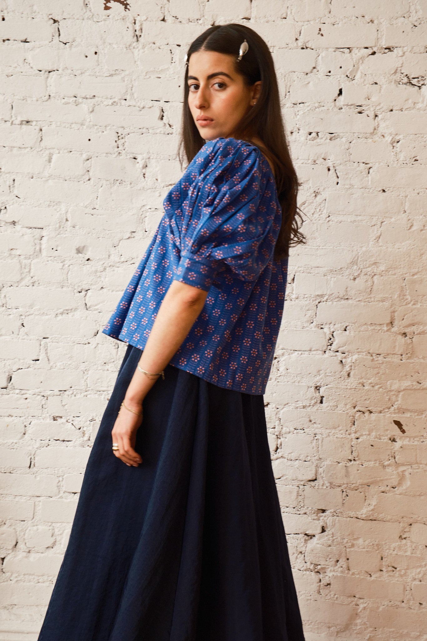 Nikki Chasin x The House That Lars Built Juli Puff Sleeve Top in Cobalt Karin Floral