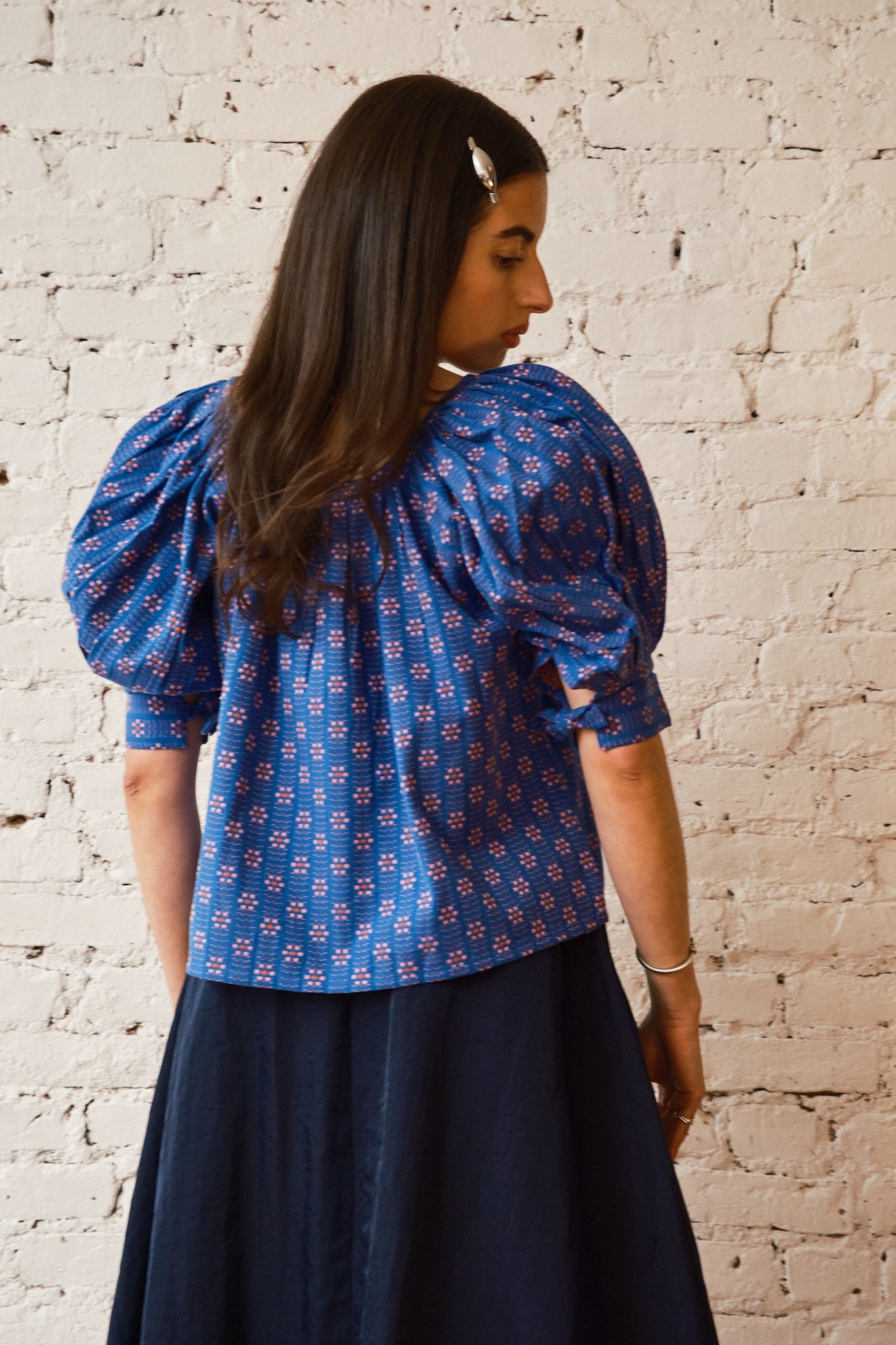 Nikki Chasin x The House That Lars Built Juli Puff Sleeve Top in Cobalt Karin Floral