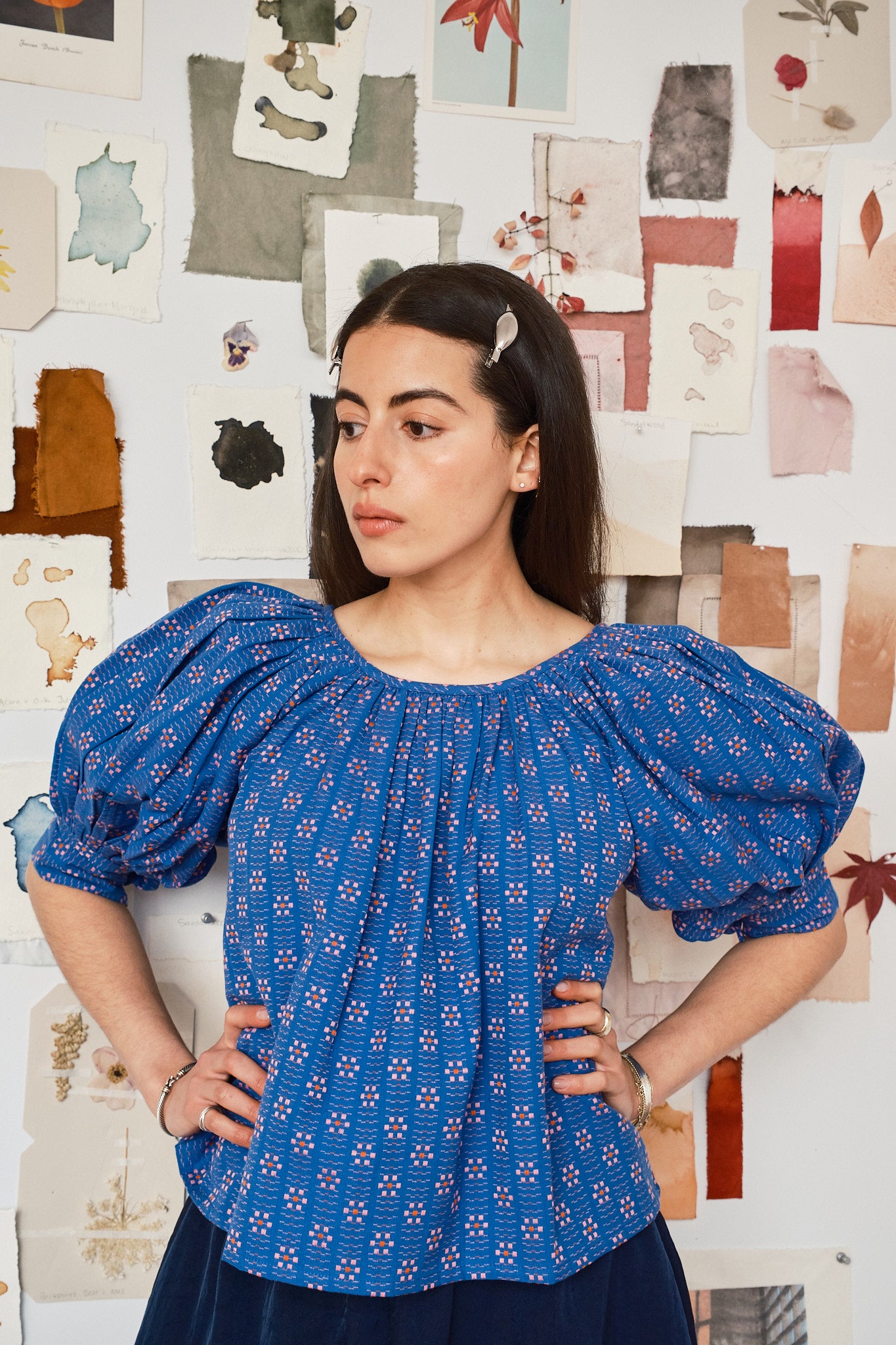 Nikki Chasin x The House That Lars Built Juli Puff Sleeve Top in Cobalt Karin Floral