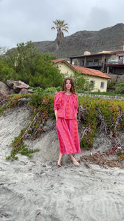 Nikki Chasin x The House That Lars Built Juli Puff Sleeve Top in Red/Pink Astrid Weave