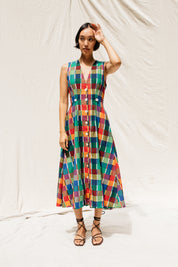 Sleeveless Baroness  Dress - Rainbow Grid Cotton