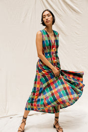 Sleeveless Baroness  Dress - Rainbow Grid Cotton