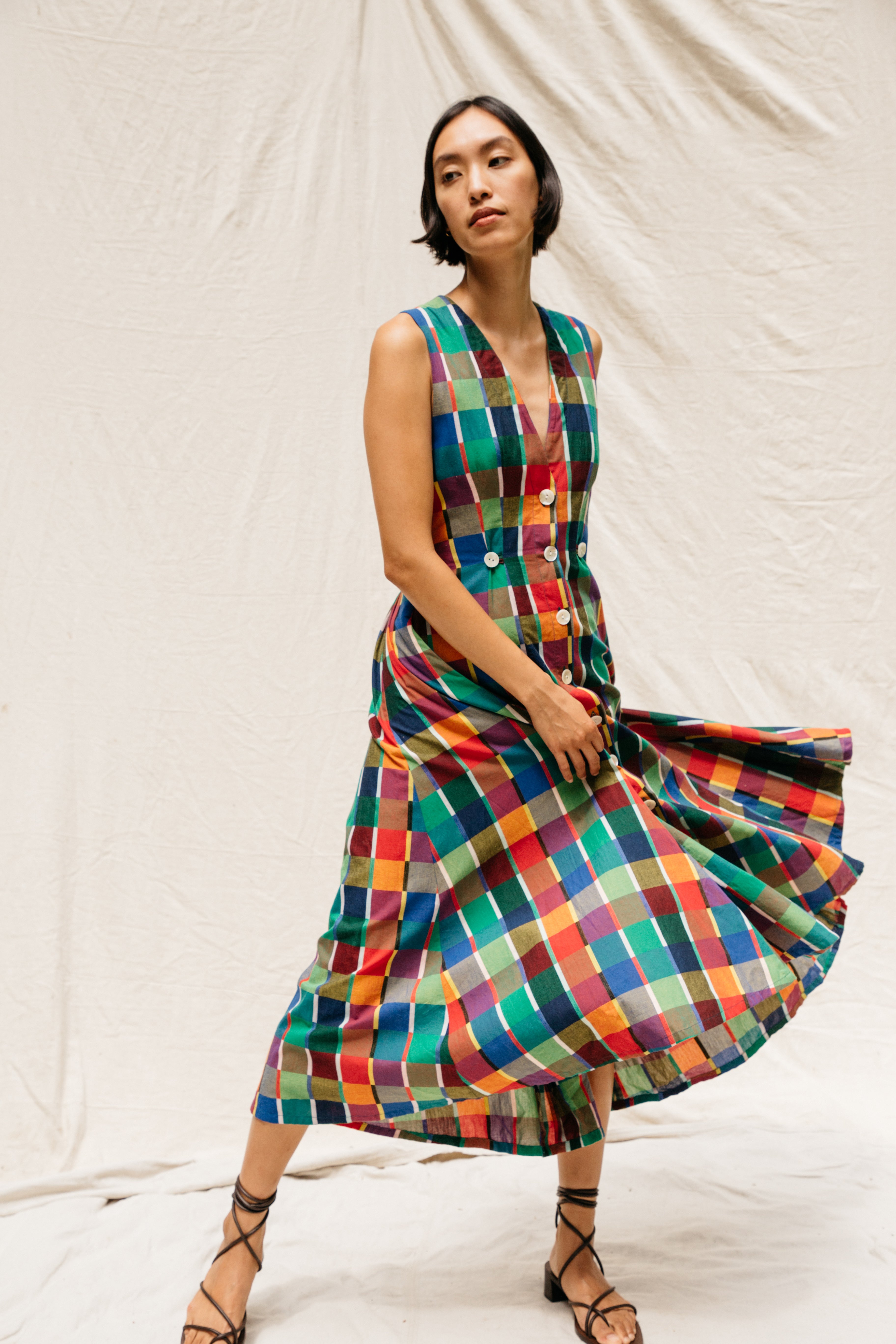 Sleeveless Baroness  Dress - Rainbow Grid Cotton