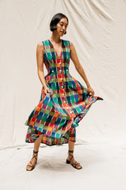 Sleeveless Baroness  Dress - Rainbow Grid Cotton