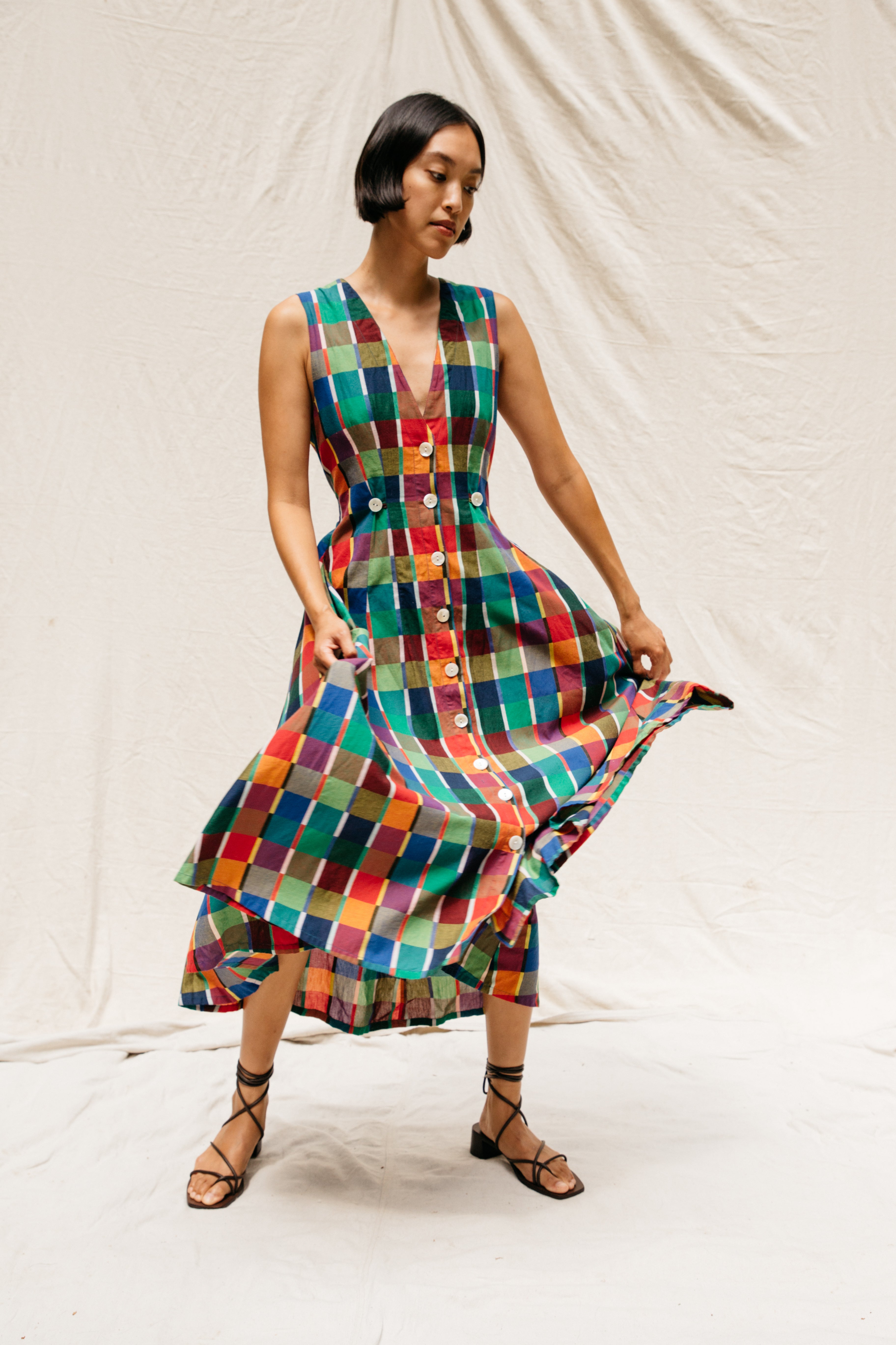 Sleeveless Baroness  Dress - Rainbow Grid Cotton