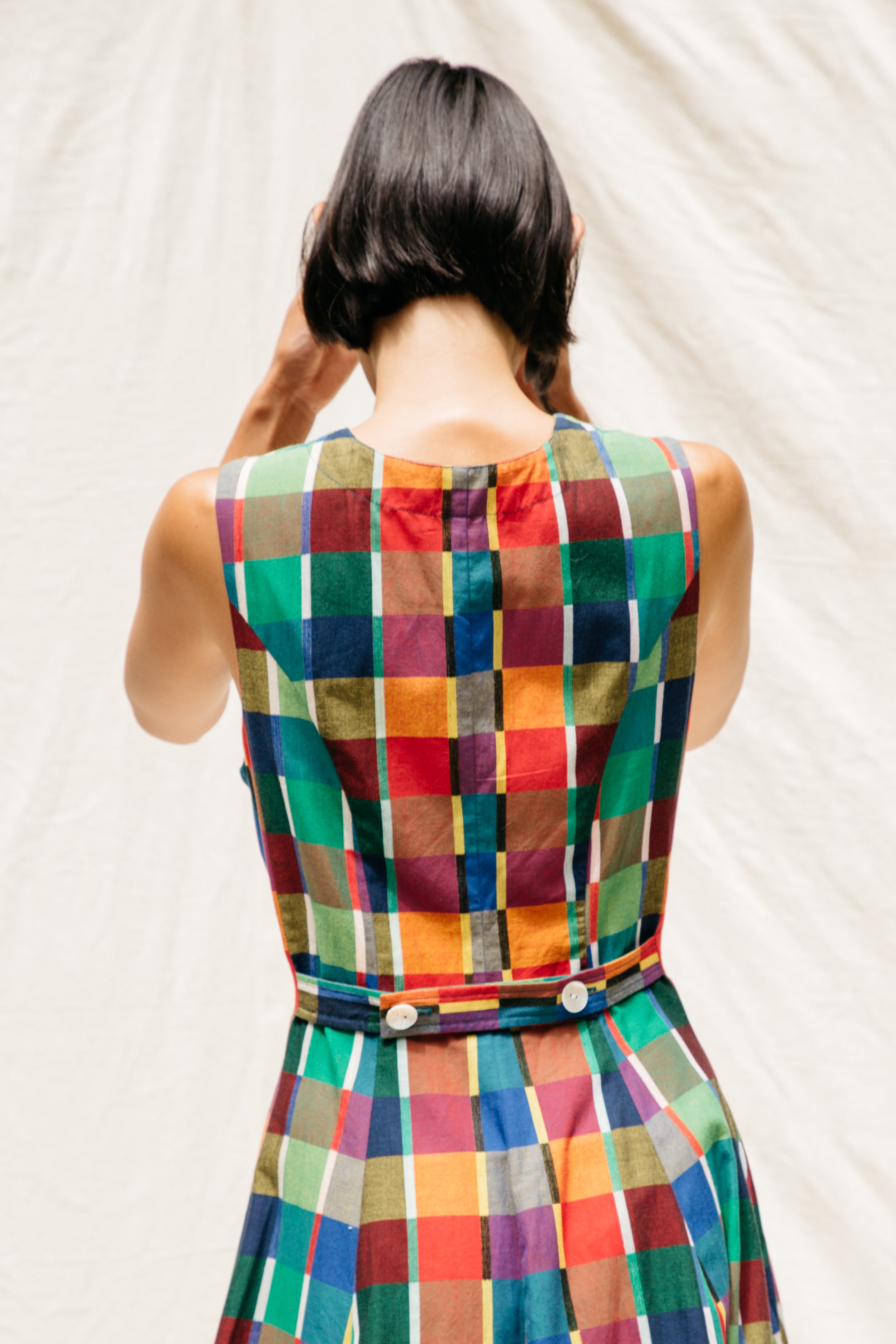 Sleeveless Baroness  Dress - Rainbow Grid Cotton