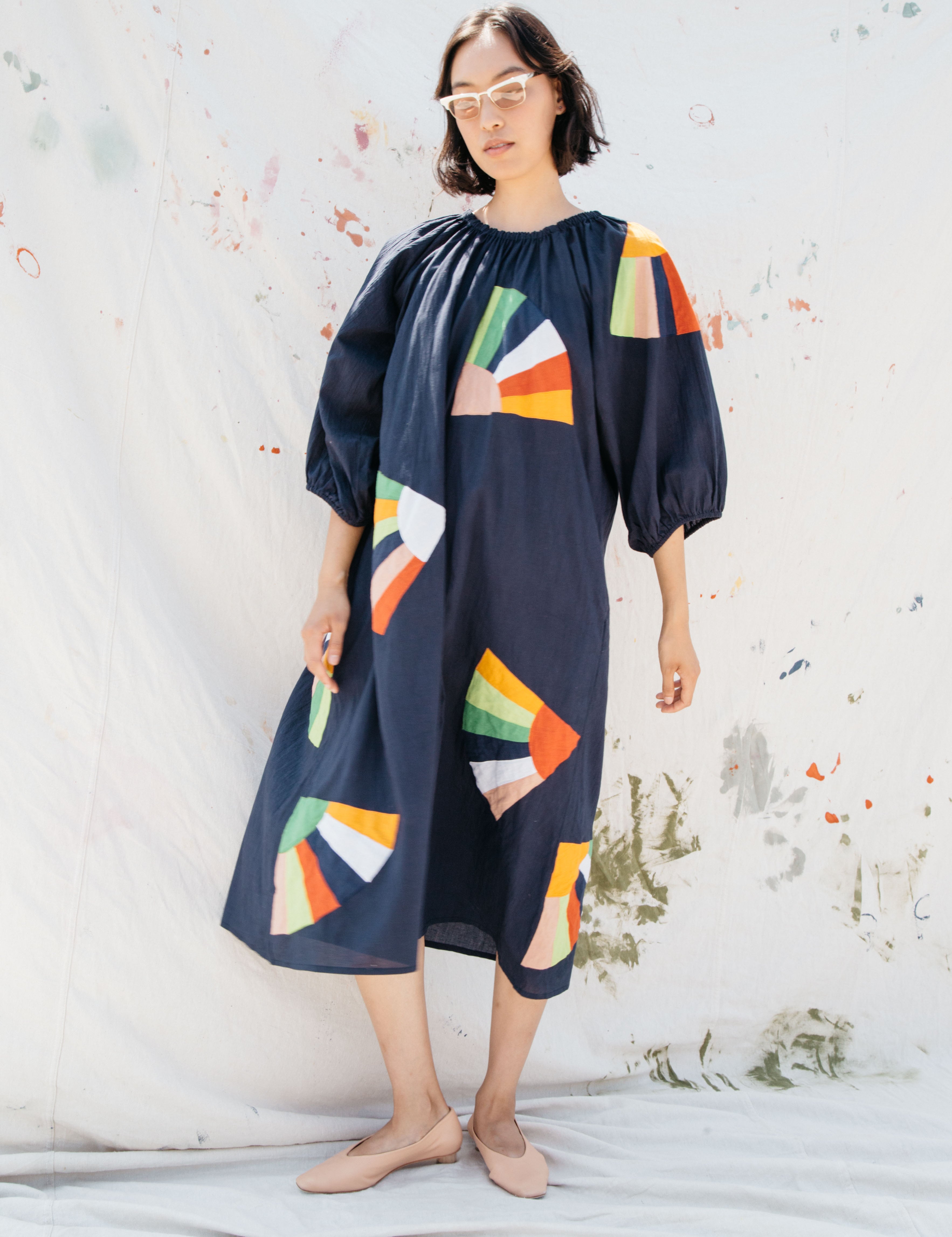 Ballad Dress - Navy Fan Patch Cotton, view 5